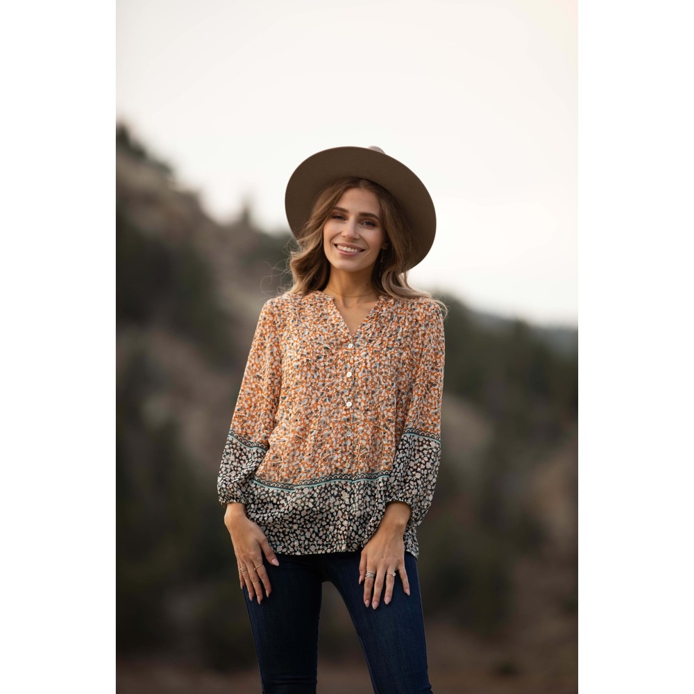 Fig and Flower Orange Floral Print Pleated V-Neck Peasant Blouse XL Boho Top
